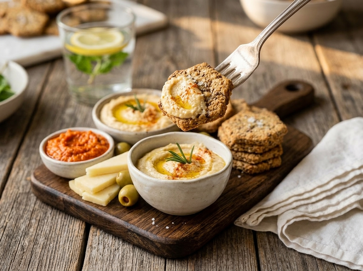 Almond flour crackers on a wooden snack board with cheddar, olives, and red pepper dip