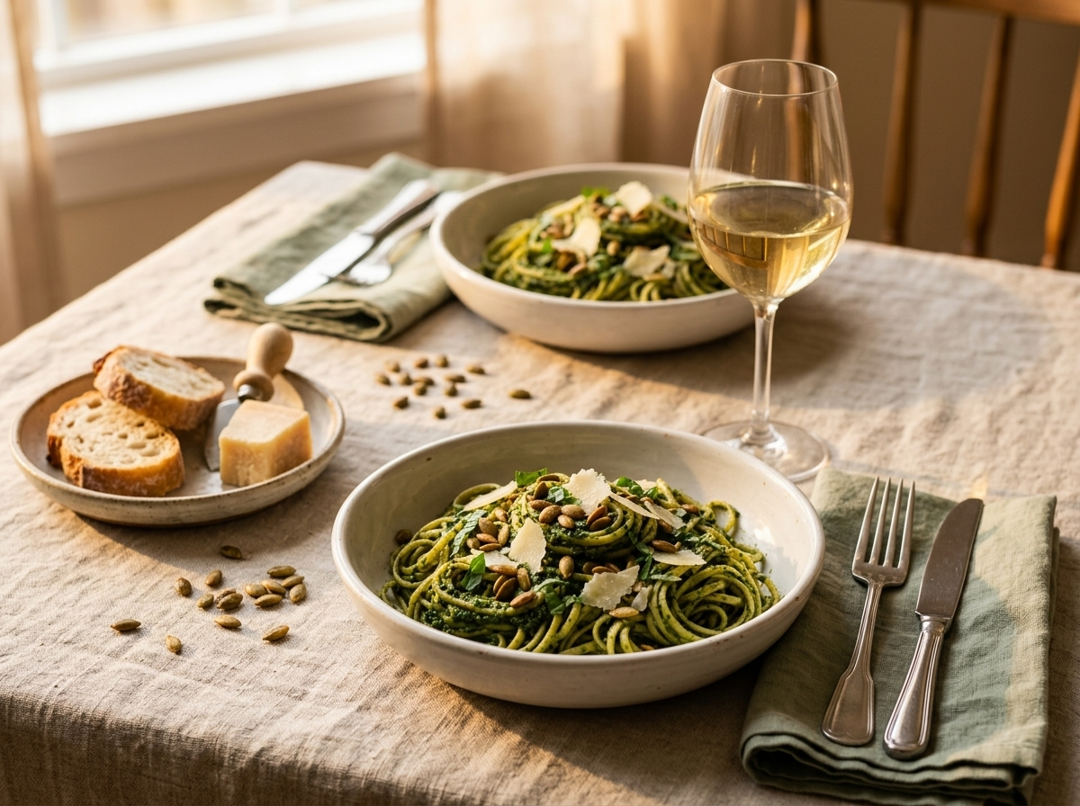 Two bowls of pumpkin seed pesto pasta on a linen cloth beside a glass of white wine and a chunk of Parmesan