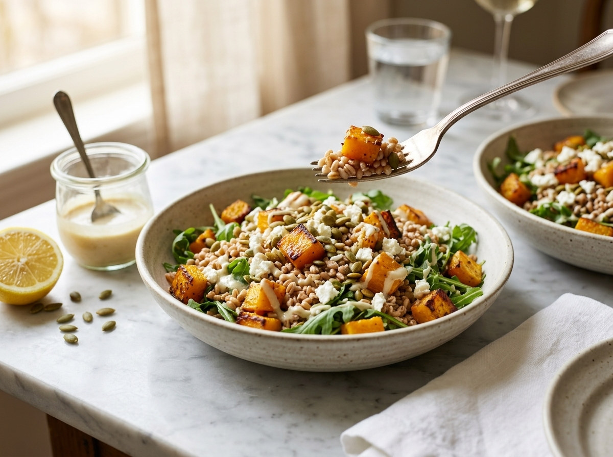 Two roasted squash farro bowls on marble with a jar of tahini dressing, lemon, and linen napkins