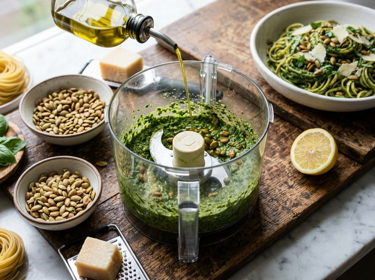 Food processor blending fresh basil and toasted pumpkin seeds into a bright green pesto sauce with olive oil