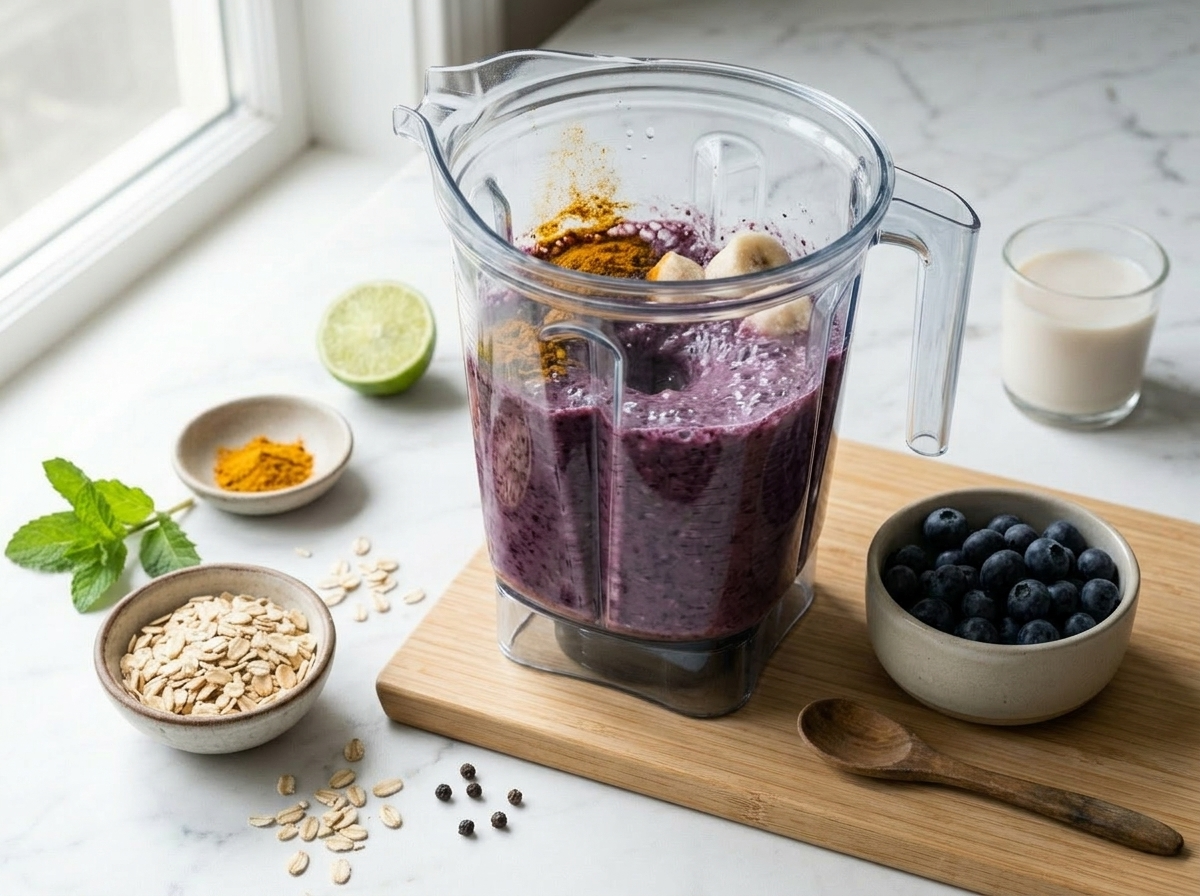 Blueberry oat smoothie blending in a high-speed blender with frozen banana and turmeric visible