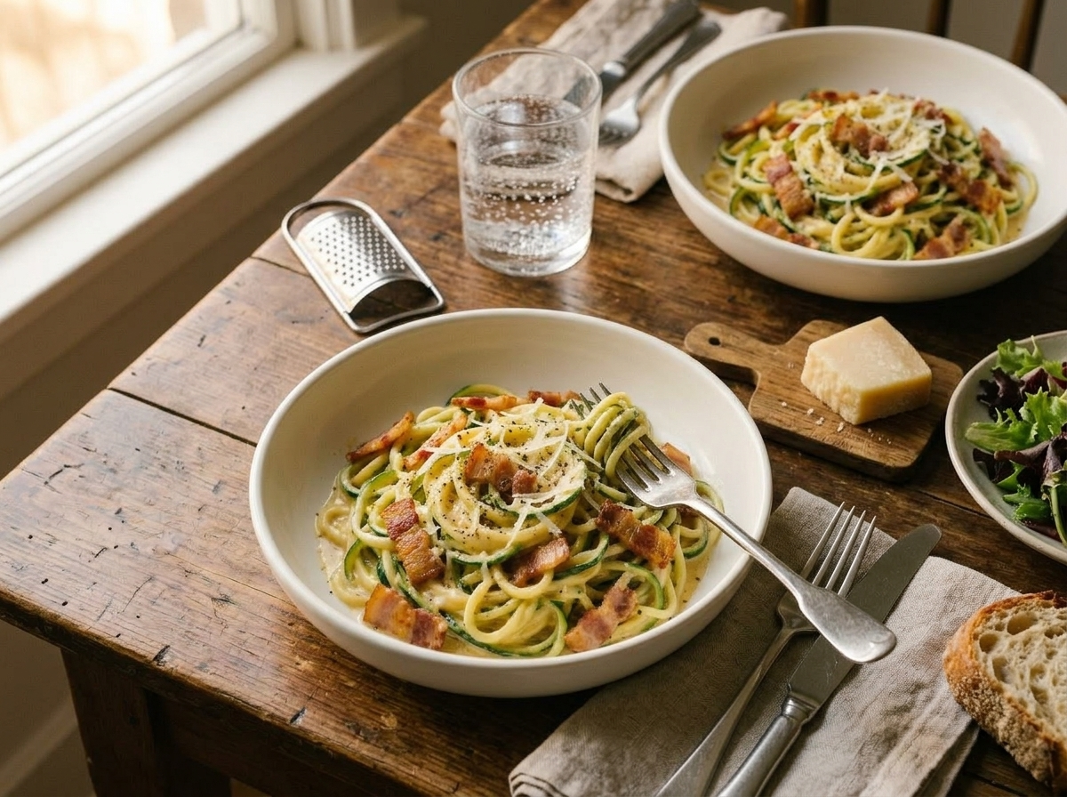 Two bowls of low-carb zucchini carbonara on a wooden table with Pecorino wedge and linen napkin