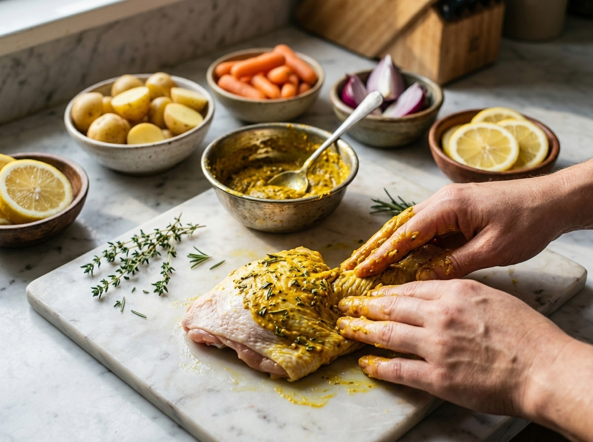 Rubbing turmeric and fresh herb paste onto raw chicken thighs before roasting