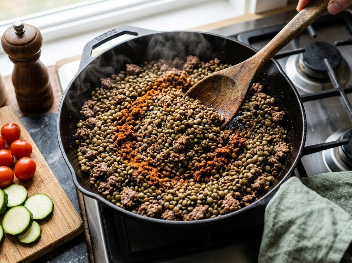 Ground beef and green lentils stirring together in a cast iron skillet with smoked paprika and cumin spices