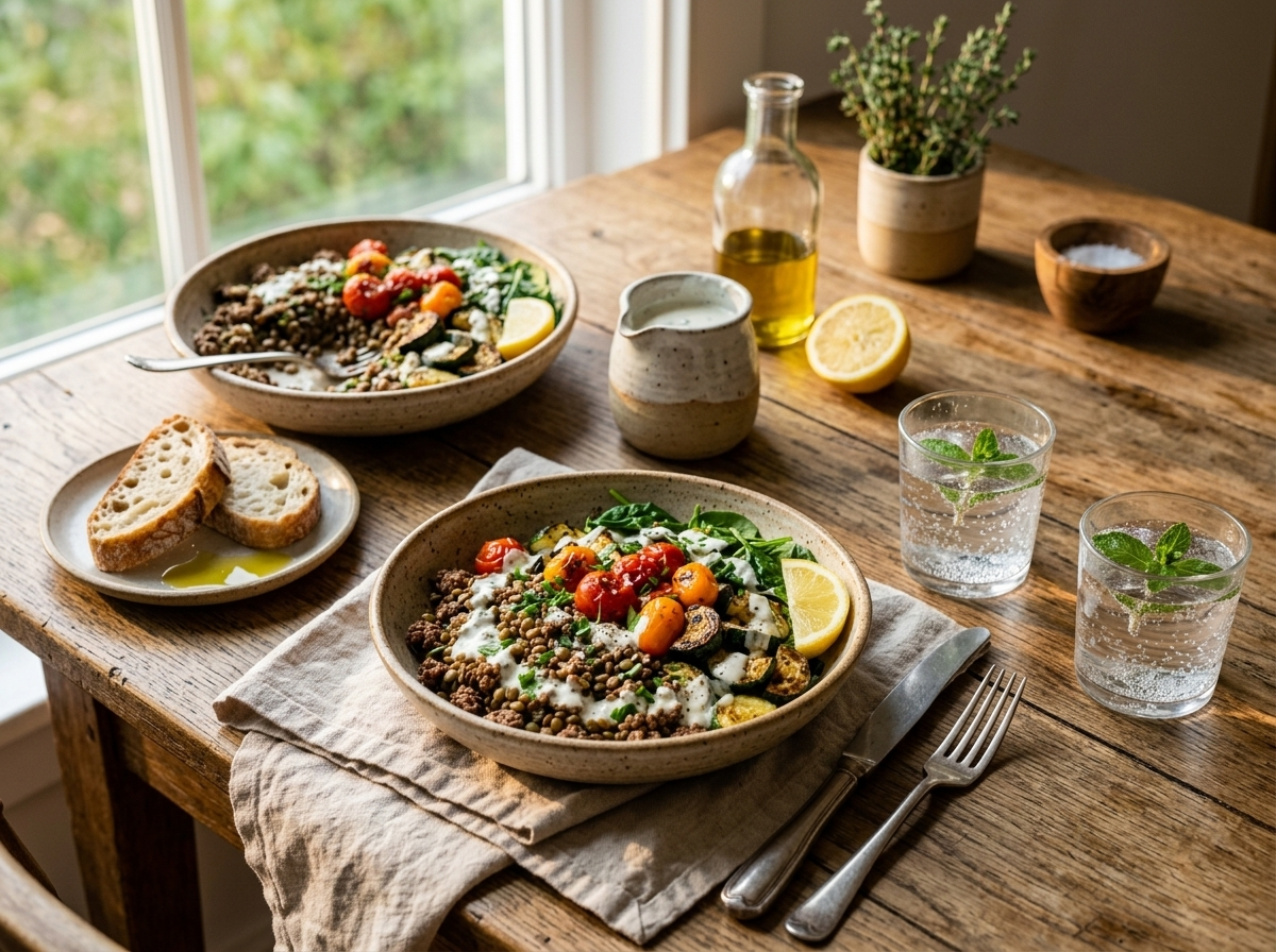 Two lentil beef protein bowls on a linen tablecloth with garlic yogurt pitcher and lemon beside them
