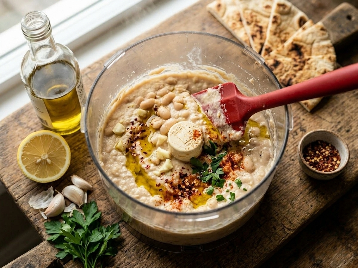 White beans and garlic being blended in a food processor to make spicy white bean dip, spatula scraping the sides