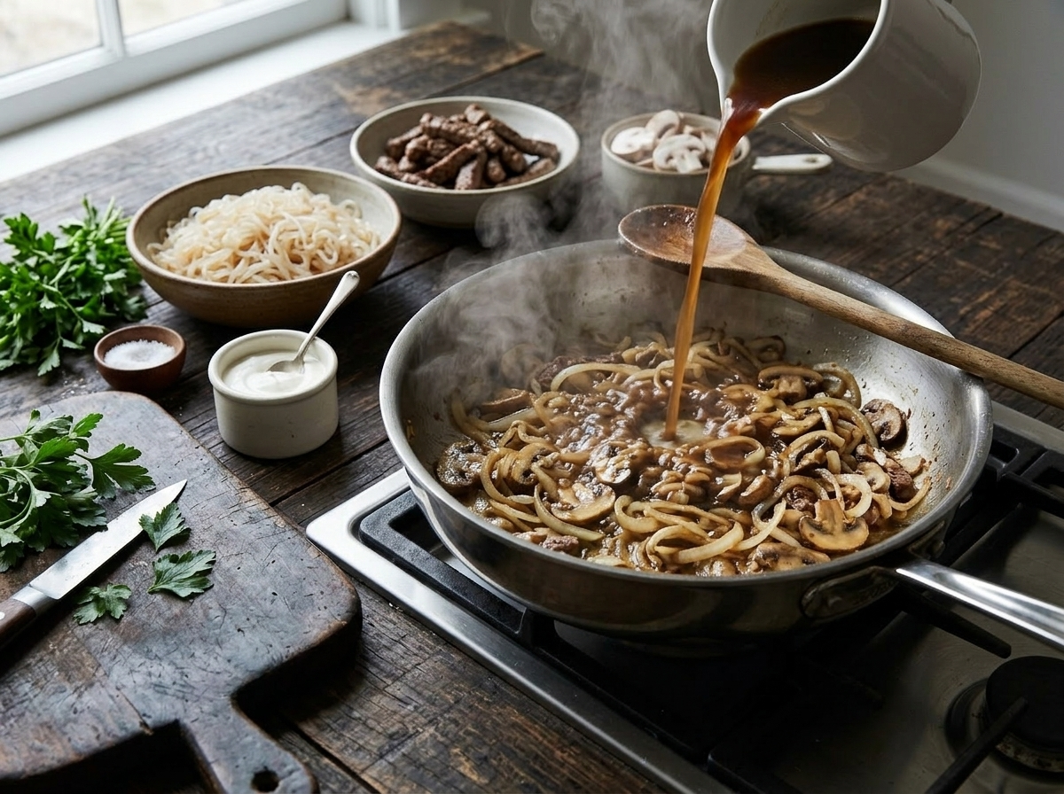 Pouring beef broth into a skillet with sauteed onions and mushrooms for keto stroganoff sauce