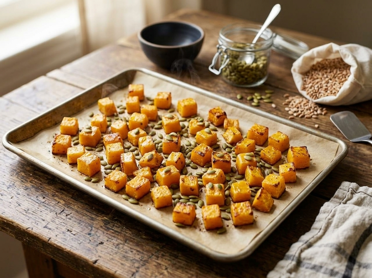 Caramelized butternut squash cubes and pepitas roasting on a parchment-lined sheet pan in the oven