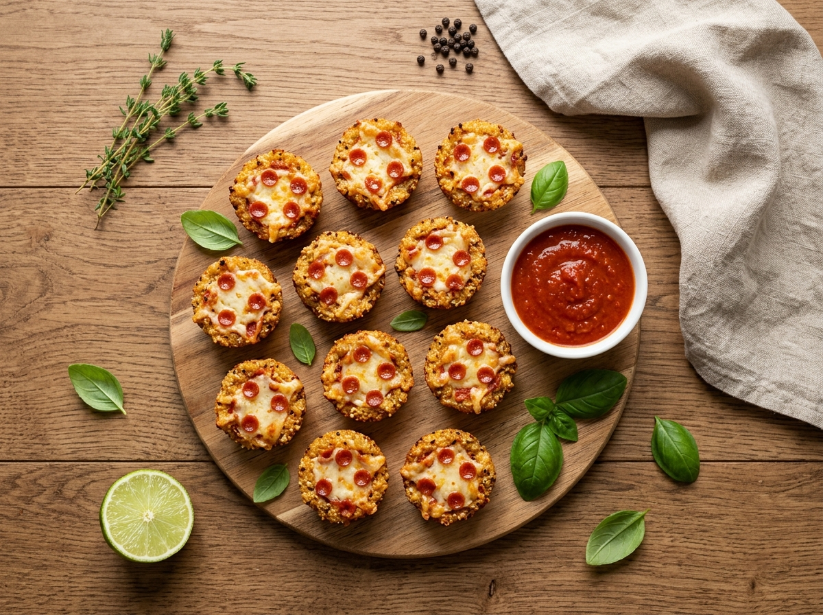 Golden gluten-free quinoa pizza bites on a wooden board with marinara dipping sauce and fresh basil