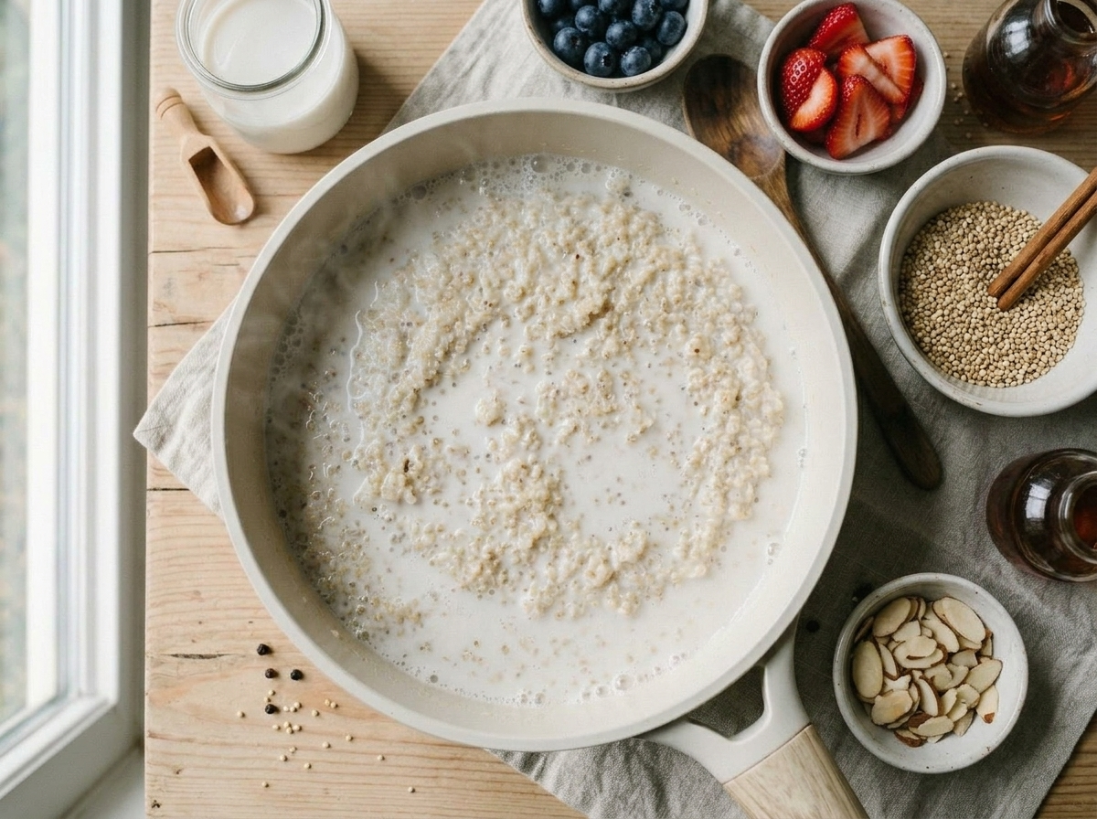 Quinoa simmering in coconut milk in a saucepan with steam rising, wooden spoon resting on the rim