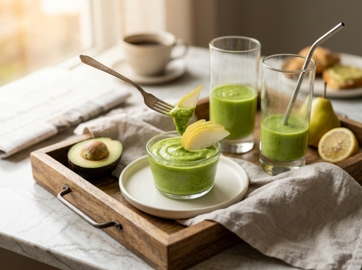 Two glasses of avocado pear detox smoothie on a wooden breakfast tray with fresh fruit beside them