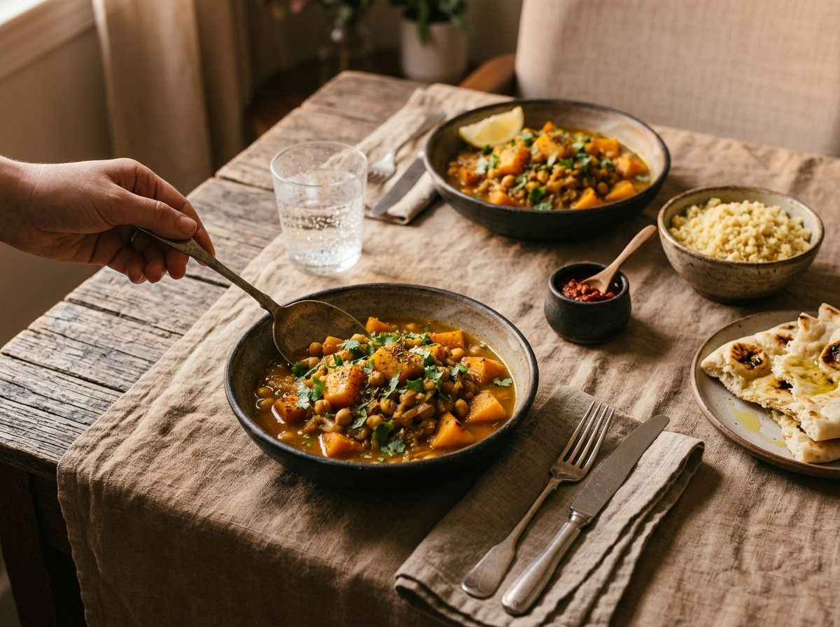 Two bowls of pumpkin chickpea tagine served with couscous, flatbread, and harissa on a warm linen tablecloth
