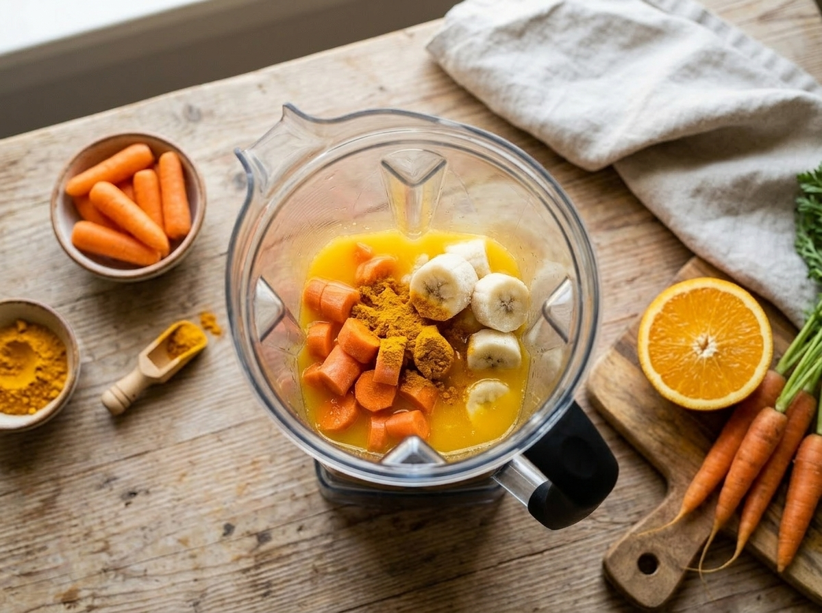 Blender jar with chopped carrots, frozen banana, and turmeric powder before blending, natural light kitchen counter.