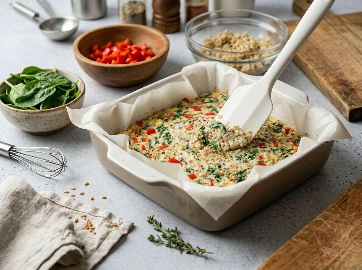 Spreading quinoa and egg white mixture into a baking dish before oven, showing spinach and red pepper pieces throughout