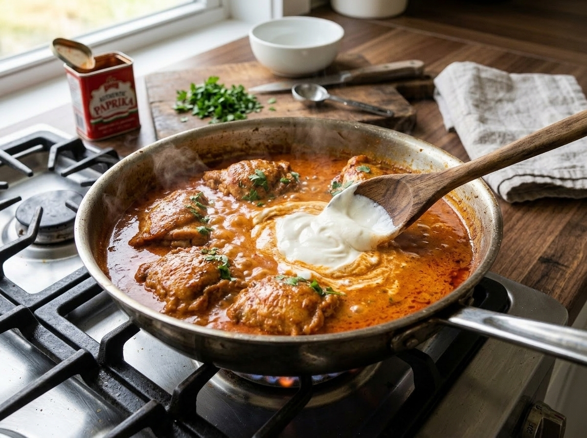 Sour cream being stirred into smoky paprika sauce in a skillet with seared chicken thighs