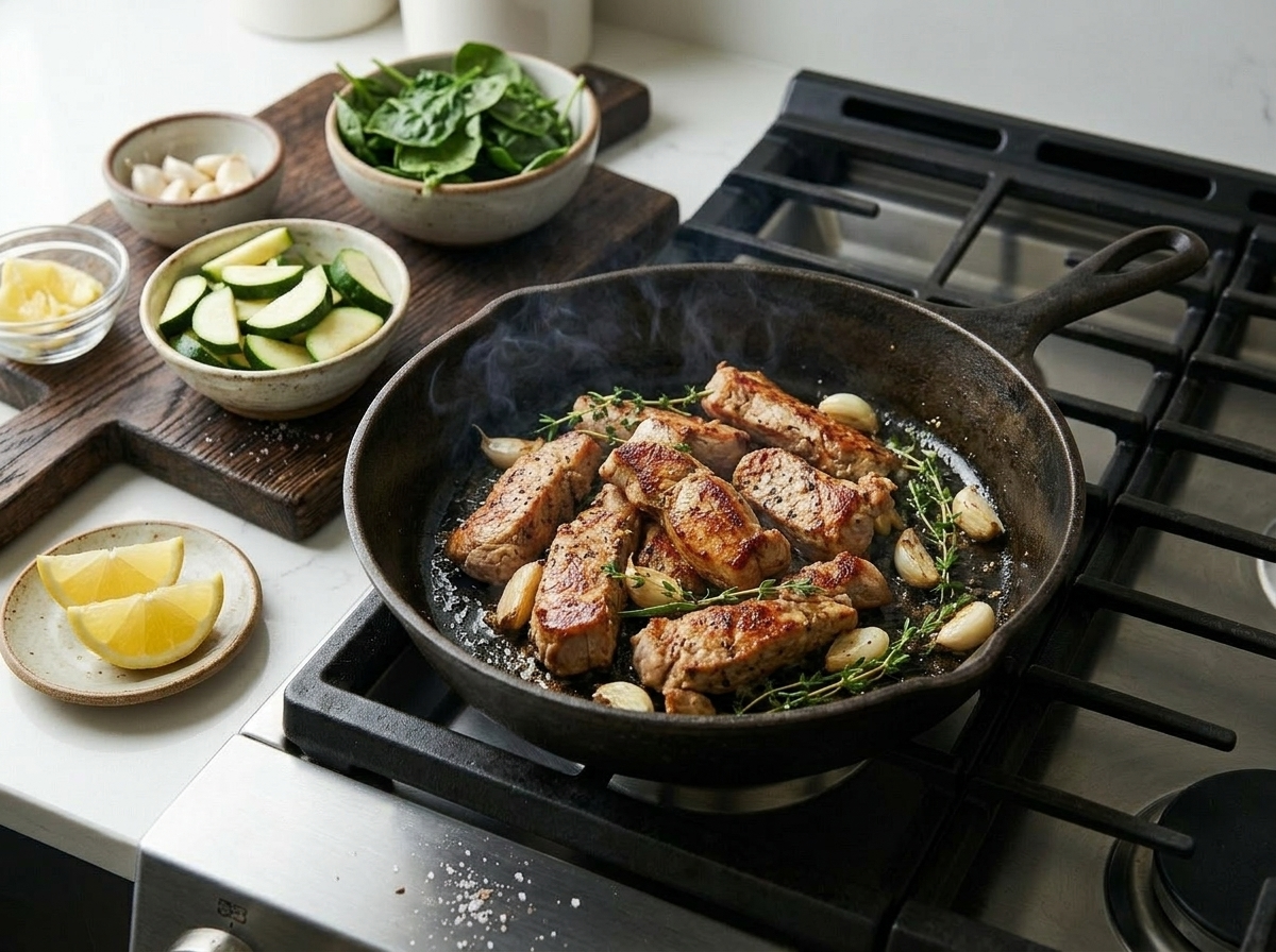 Pork tenderloin strips forming a golden sear in a hot cast iron skillet with fresh thyme leaves visible