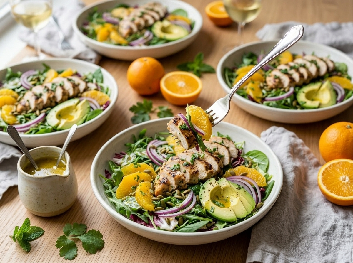 Four herb citrus chicken salad bowls on a dining table with a citrus vinaigrette pitcher and glasses of white wine.