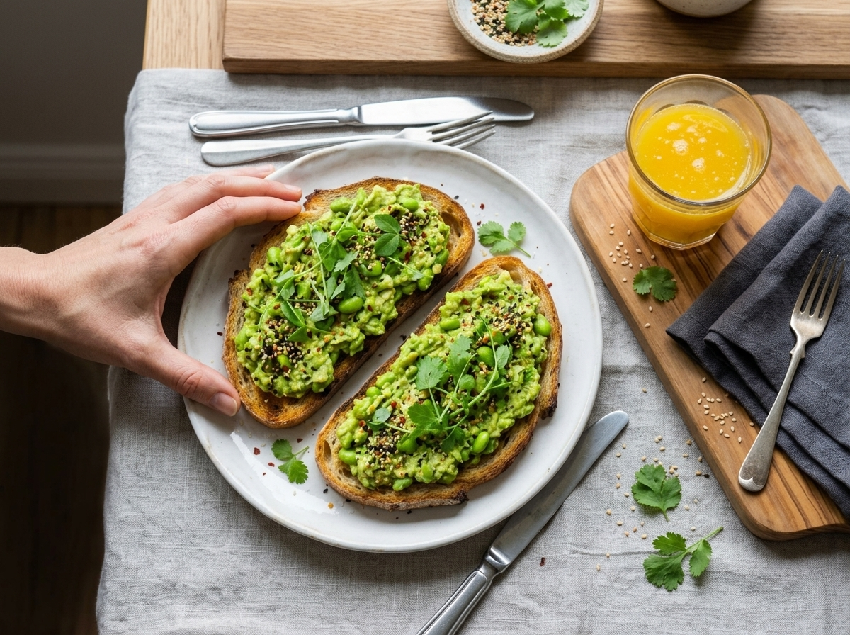 Hand reaching for a slice of avocado edamame smash toast on a wooden board with a glass of juice beside it
