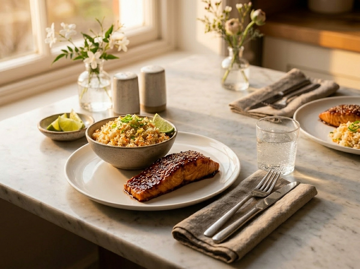 Ginger carrot coconut rice plated alongside soy-glazed salmon with lime wedges on a marble surface
