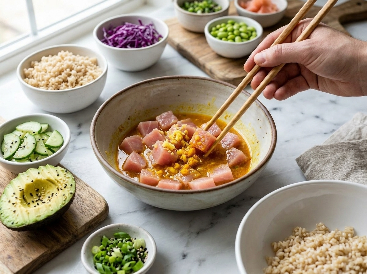 Sashimi-grade tuna cubes being tossed in a golden turmeric-ginger sesame marinade in a mixing bowl