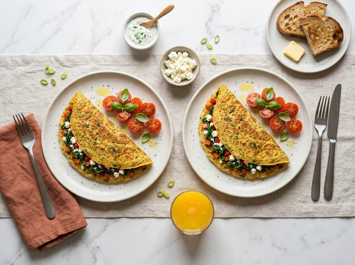 Two high-protein chickpea omelettes plated at a bright breakfast table with feta and fresh vegetables