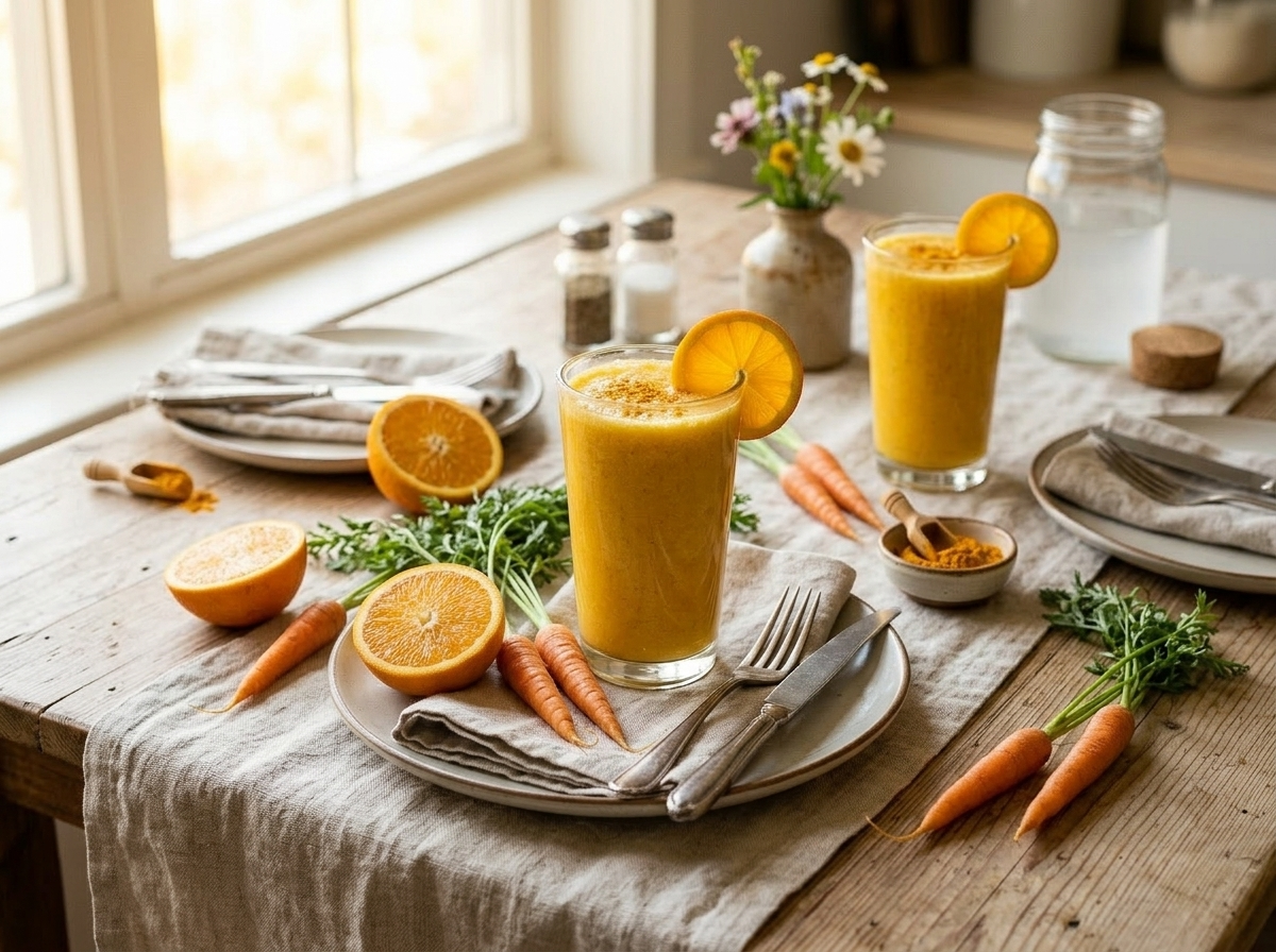 Two glasses of bright orange turmeric carrot smoothie on a linen cloth with fresh carrots and halved oranges in morning light.