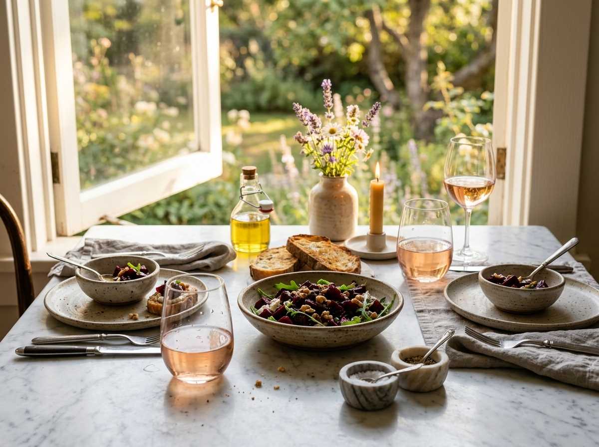 Two beetroot goat cheese tartines on a ceramic plate at a wooden table with a glass of rose wine alongside