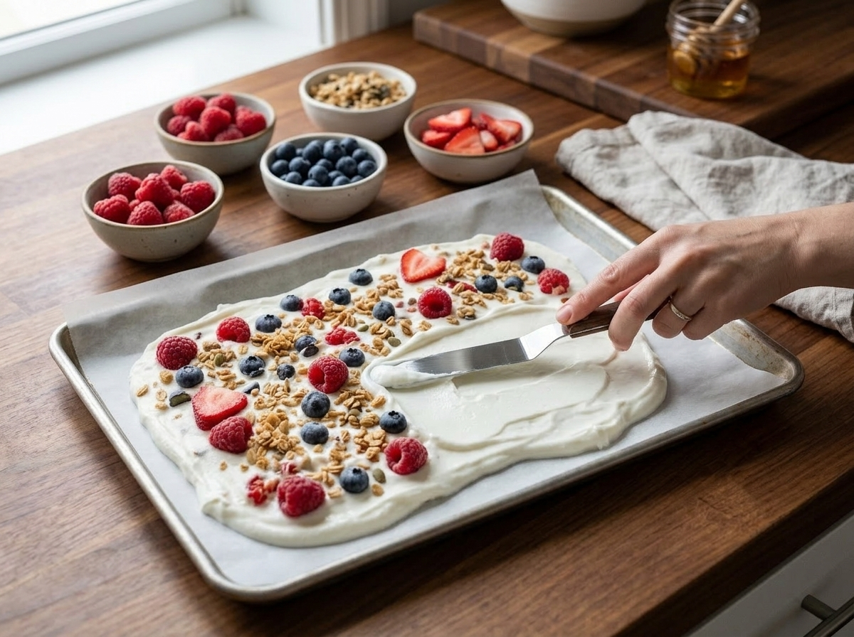 Spreading thick Greek yogurt onto a parchment-lined sheet pan before adding berries for frozen bark