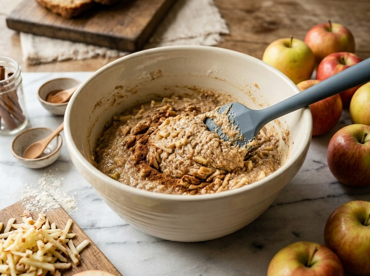 Grated apple being folded into gluten-free cinnamon loaf batter in a ceramic mixing bowl