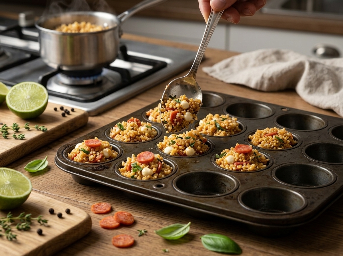 Mini muffin tin filled with quinoa pizza mixture topped with mozzarella and mini pepperoni before baking