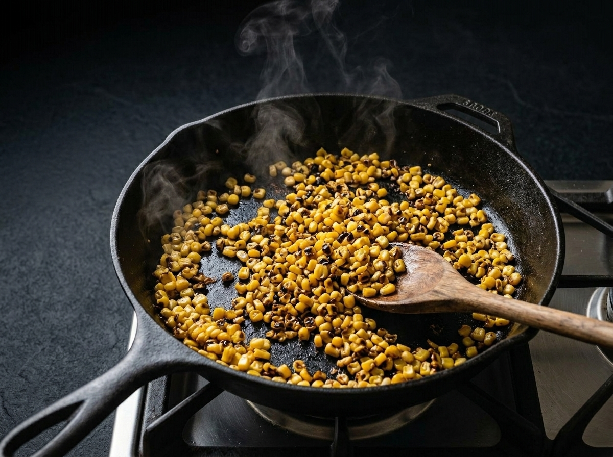 Charred corn kernels sizzling in a cast iron skillet with visible caramelized spots for quinoa salad