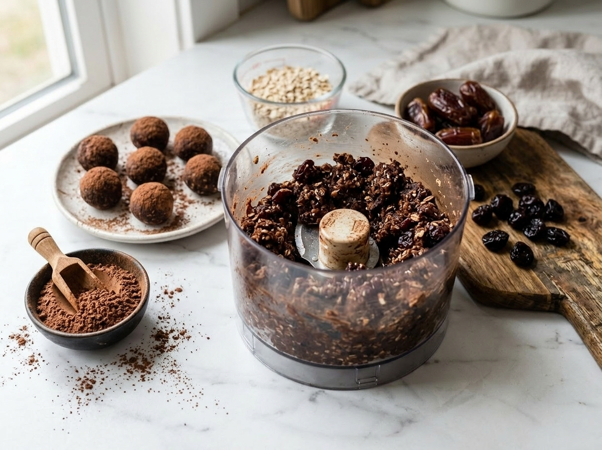 Food processor bowl showing dark oat-date-cacao mixture mid-pulse with visible dried cherry pieces and coarse texture.
