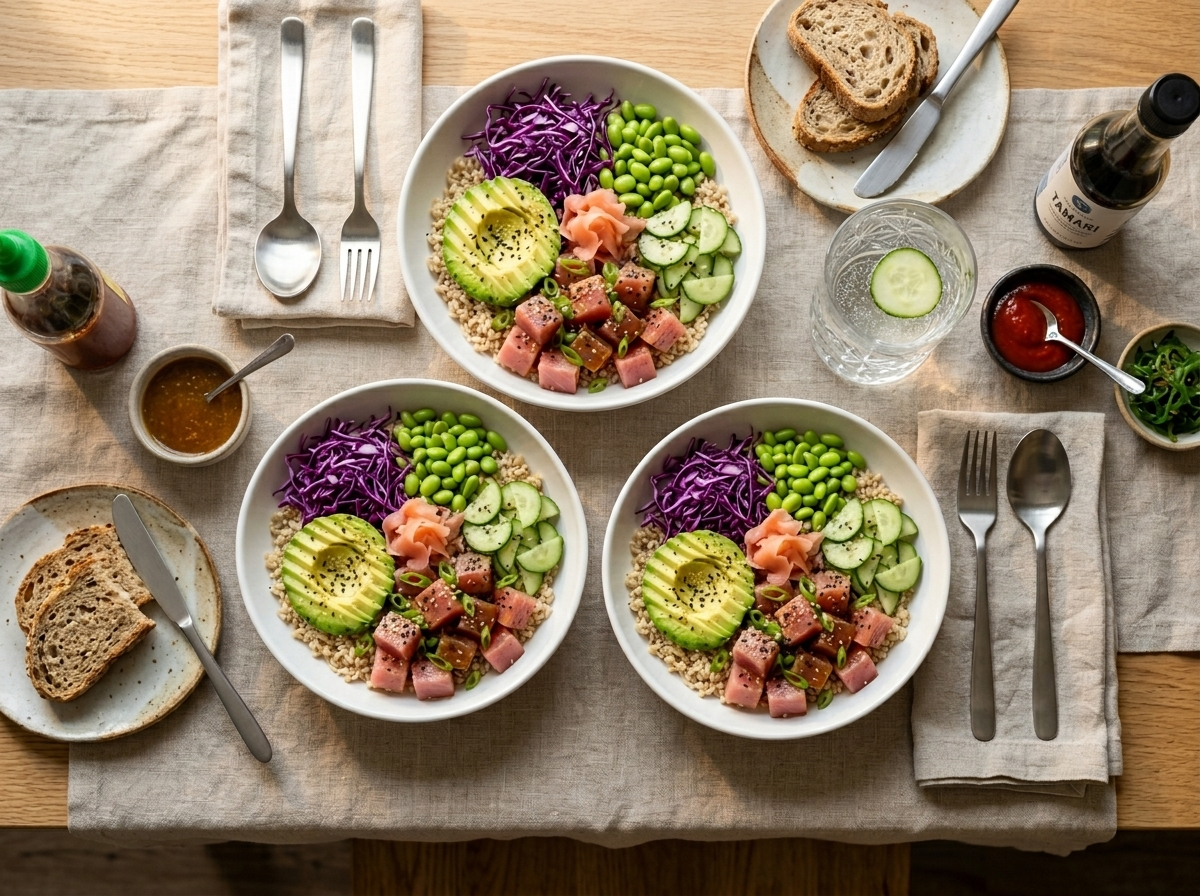 Two assembled anti-inflammatory tuna poke bowls on a linen table with tamari and sparkling water