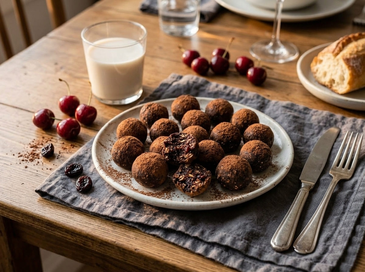 Cherry cacao energy bites on a ceramic plate with a glass of almond milk and fresh cherries on a linen-covered wooden table.