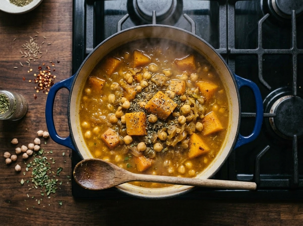 Spiced pumpkin and chickpea tagine simmering in a Dutch oven with steam rising and a wooden spoon resting on the side