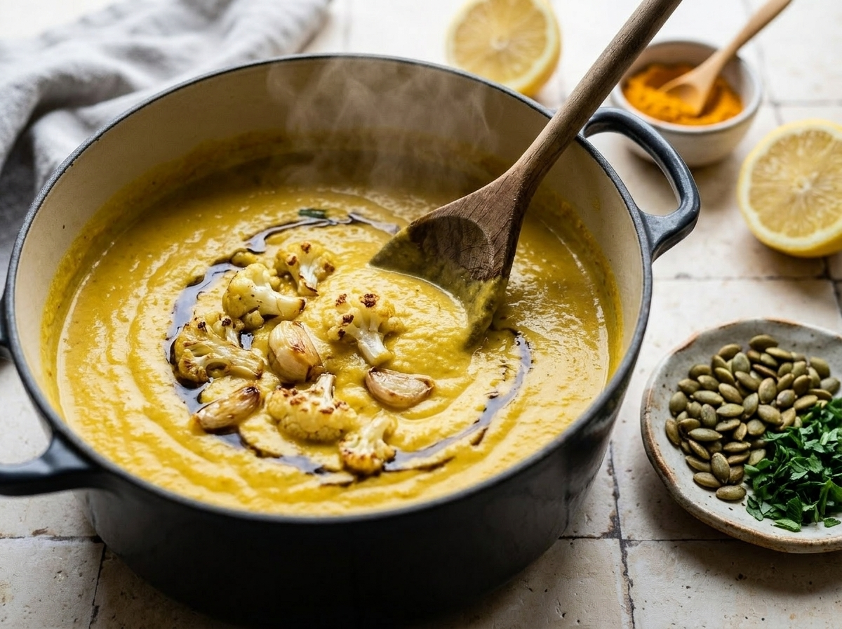 Wooden spoon stirring golden cauliflower and turmeric soup in a Dutch oven on the stovetop before blending