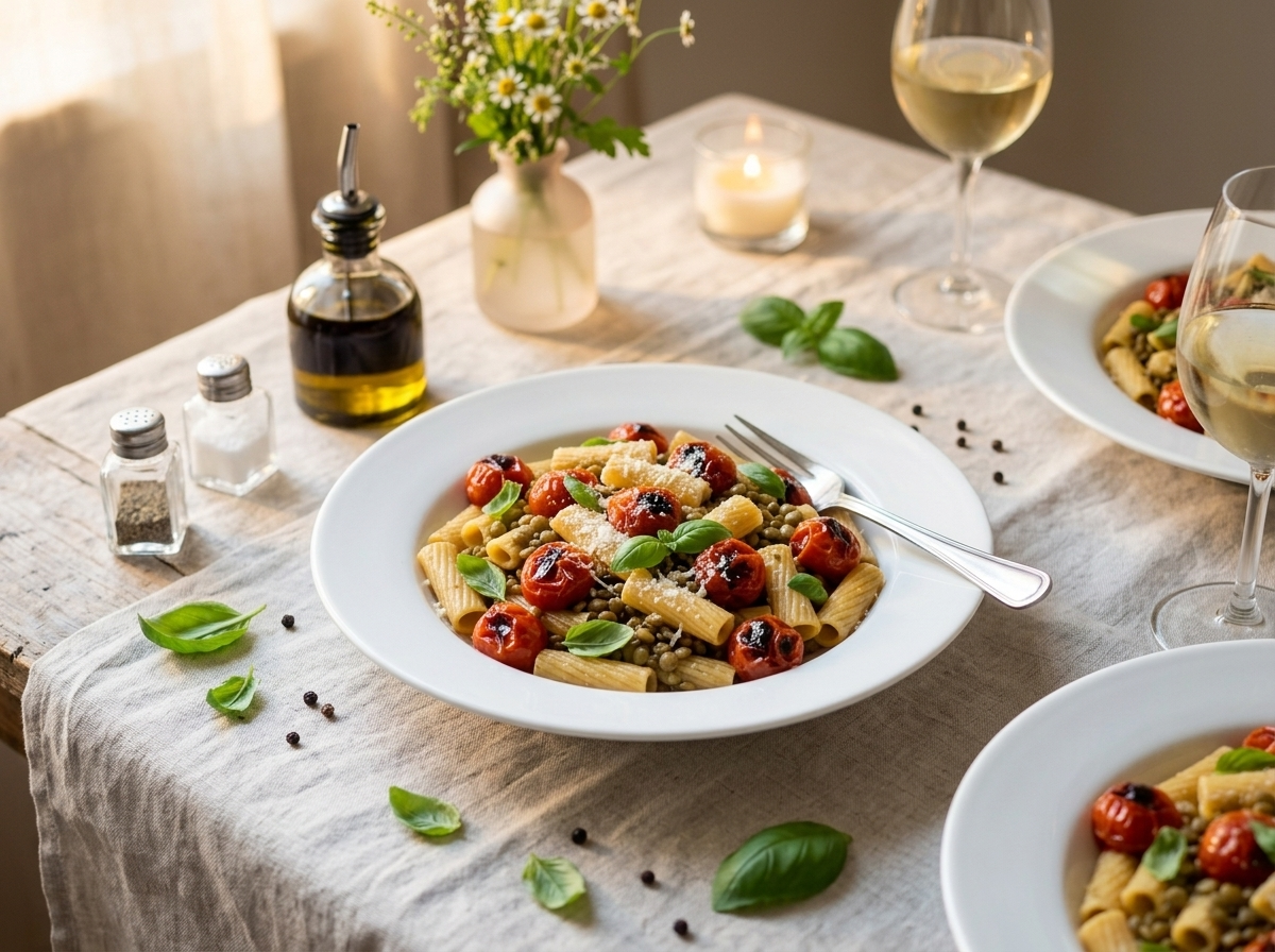 Two bowls of roasted tomato lentil pasta served on a linen cloth with olive oil and a glass of white wine