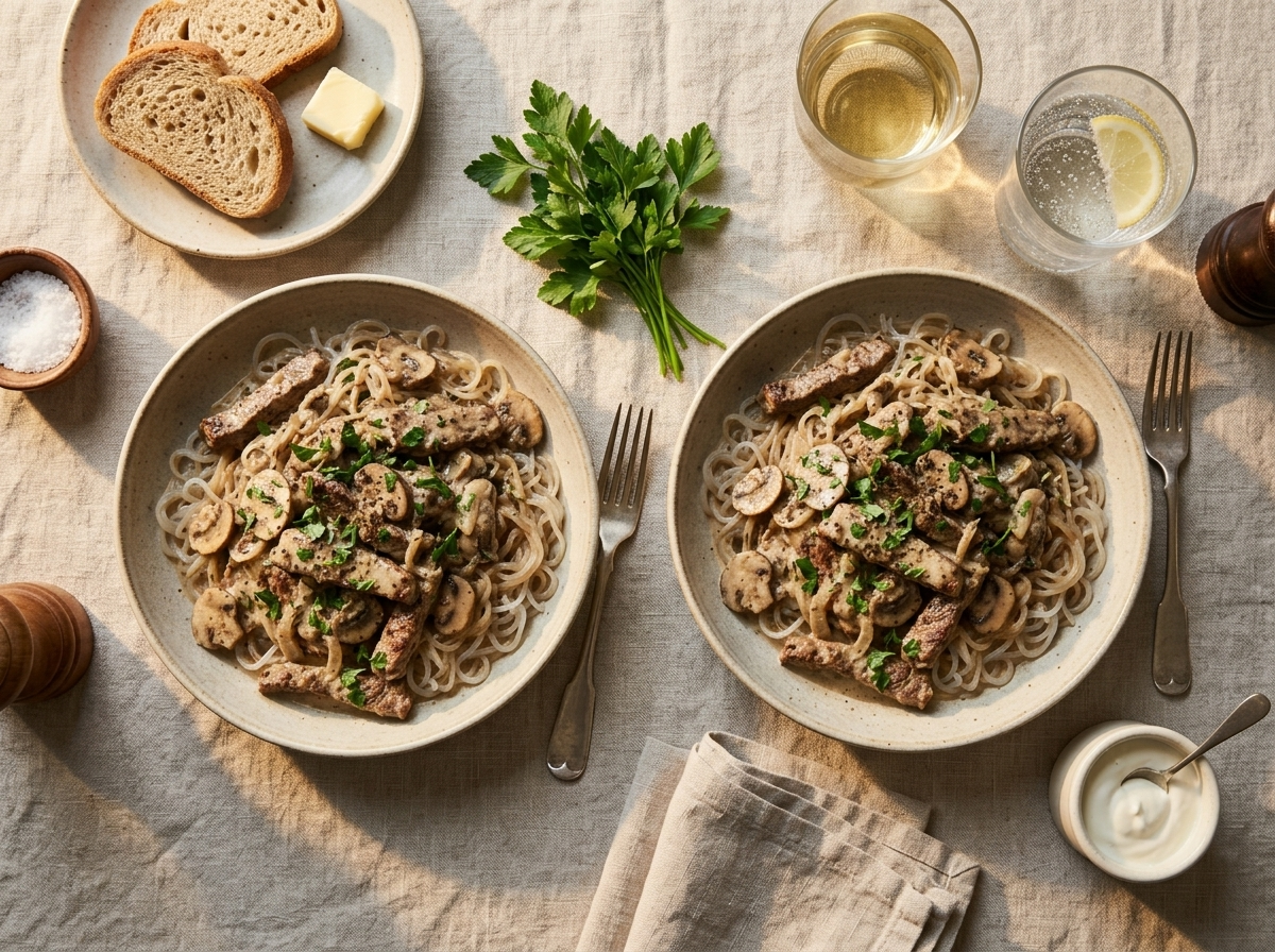Two bowls of keto beef stroganoff with shirataki noodles on a linen tablecloth with fresh parsley garnish