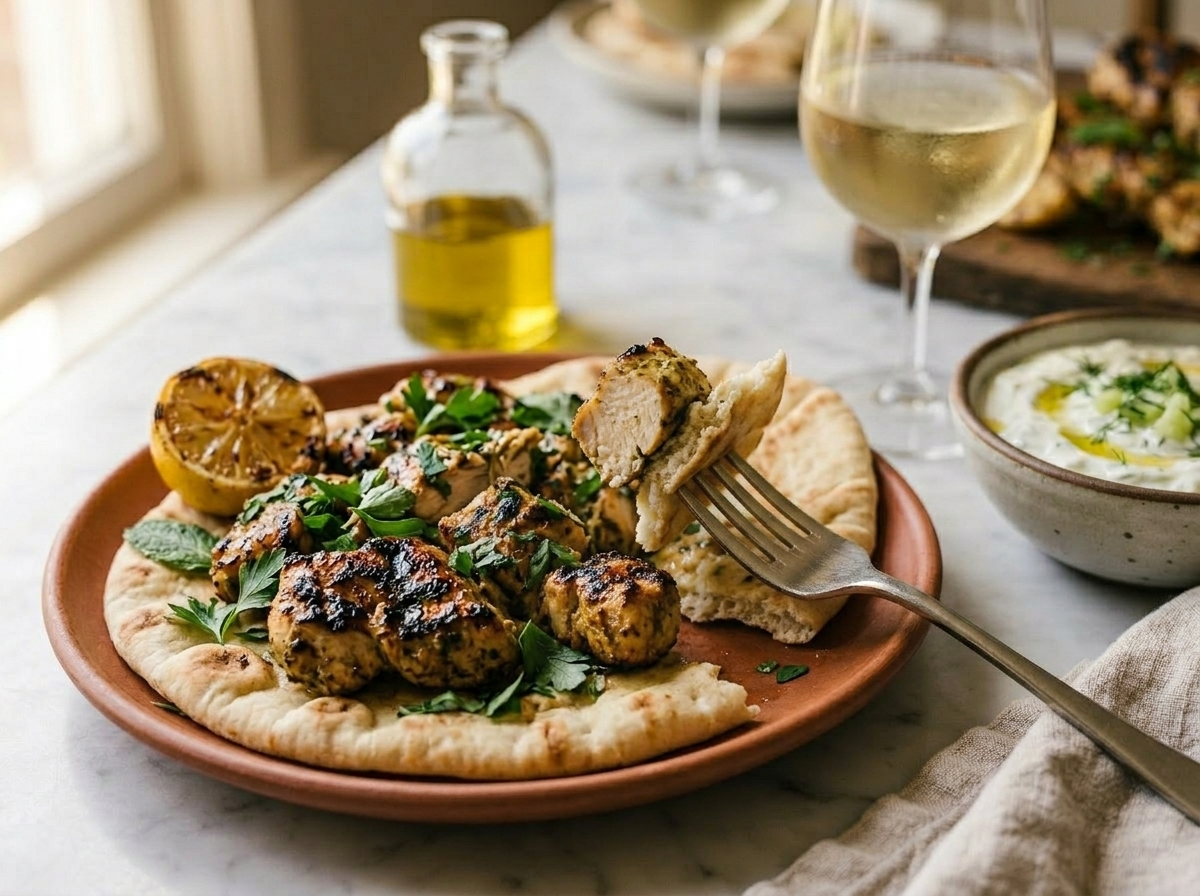 Grilled yogurt marinated chicken pieces served in warm pita bread with fresh parsley and olive oil on a marble table