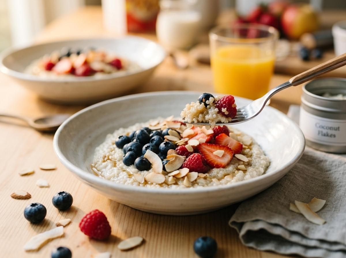 Two bowls of coconut berry breakfast quinoa on a wooden breakfast table with fresh berries and a glass of orange juice