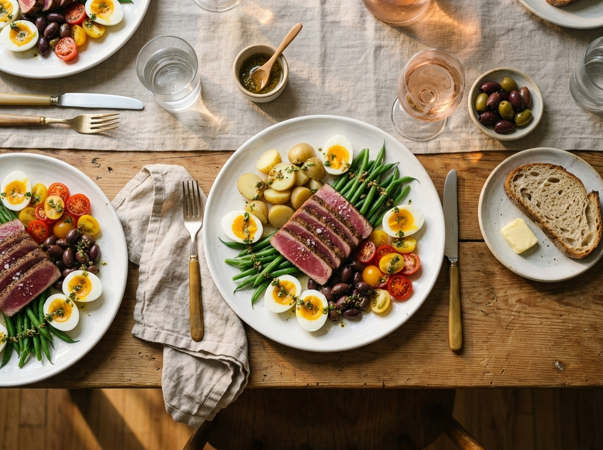 Two seared tuna nicoise plates on a wooden dining table with a glass of rosé and anchovy vinaigrette jar