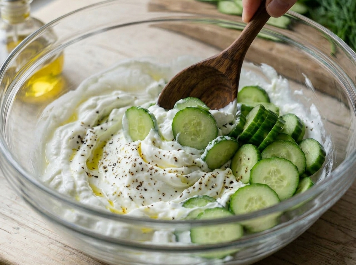 Folding sliced cucumbers and fresh dill into thick Greek yogurt in a glass mixing bowl