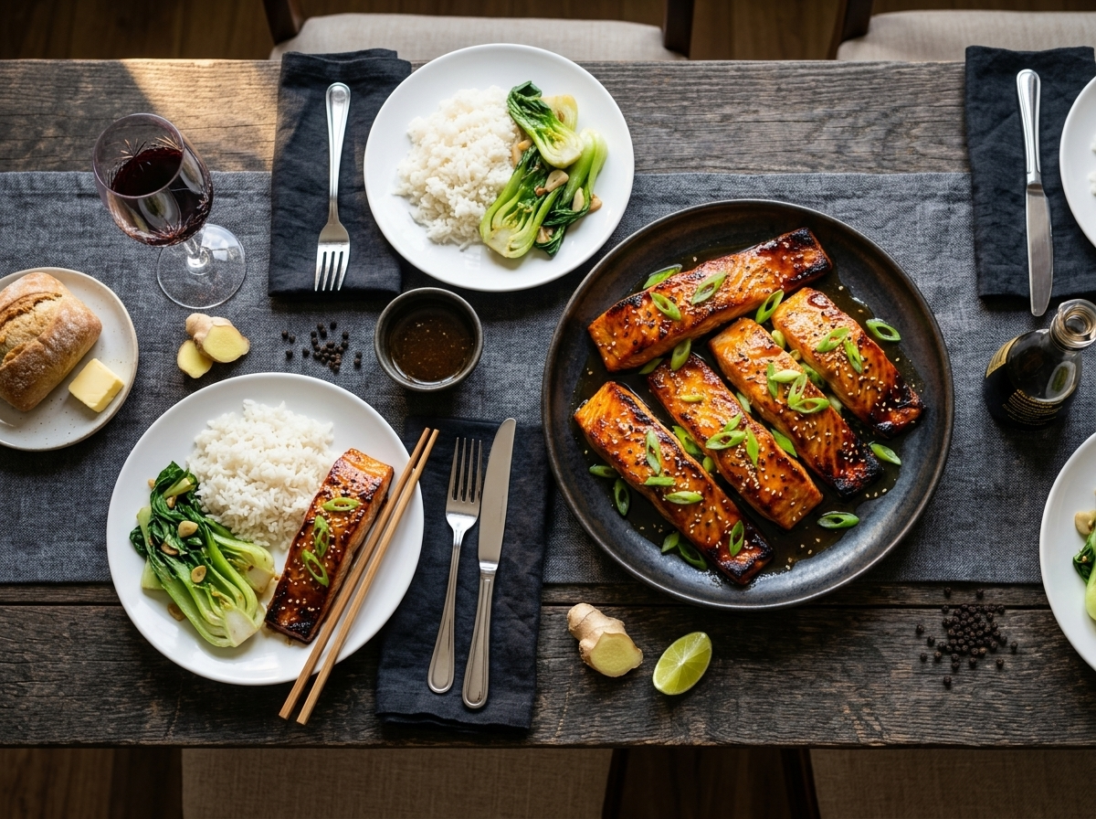 Plated honey ginger glazed salmon fillet with steamed rice and bok choy on a white ceramic plate