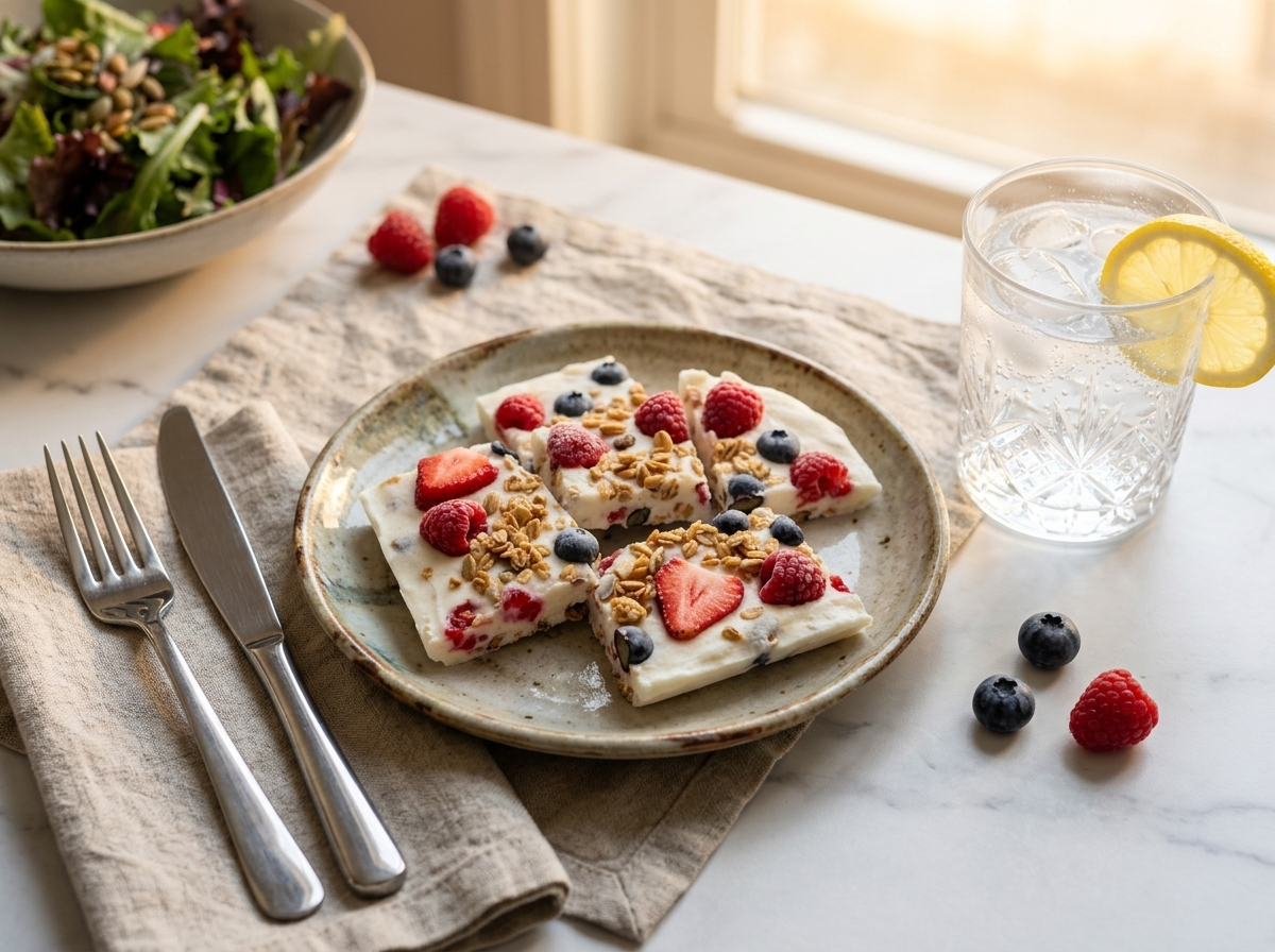 Pieces of berry frozen yogurt bark on a ceramic plate with sparkling water and scattered fresh berries