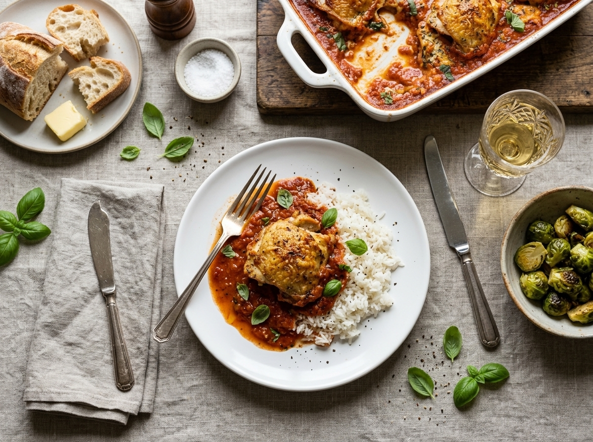Plated gluten-free creamy tomato chicken thigh over white rice with sauce on a white plate