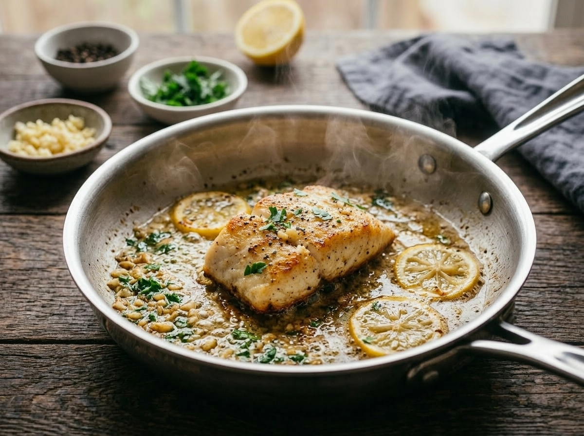 Cod fillet searing in a butter and garlic pan with golden crust forming and steam rising