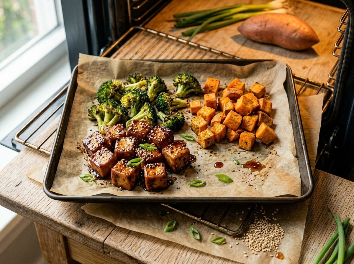 Maple-soy glazed tofu cubes and roasted broccoli caramelizing on a parchment-lined sheet pan in the oven