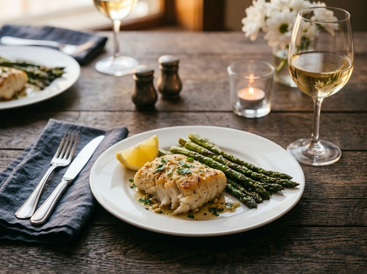 Plated keto cod fillet with roasted asparagus, lemon wedge, and a glass of white wine on a wooden table
