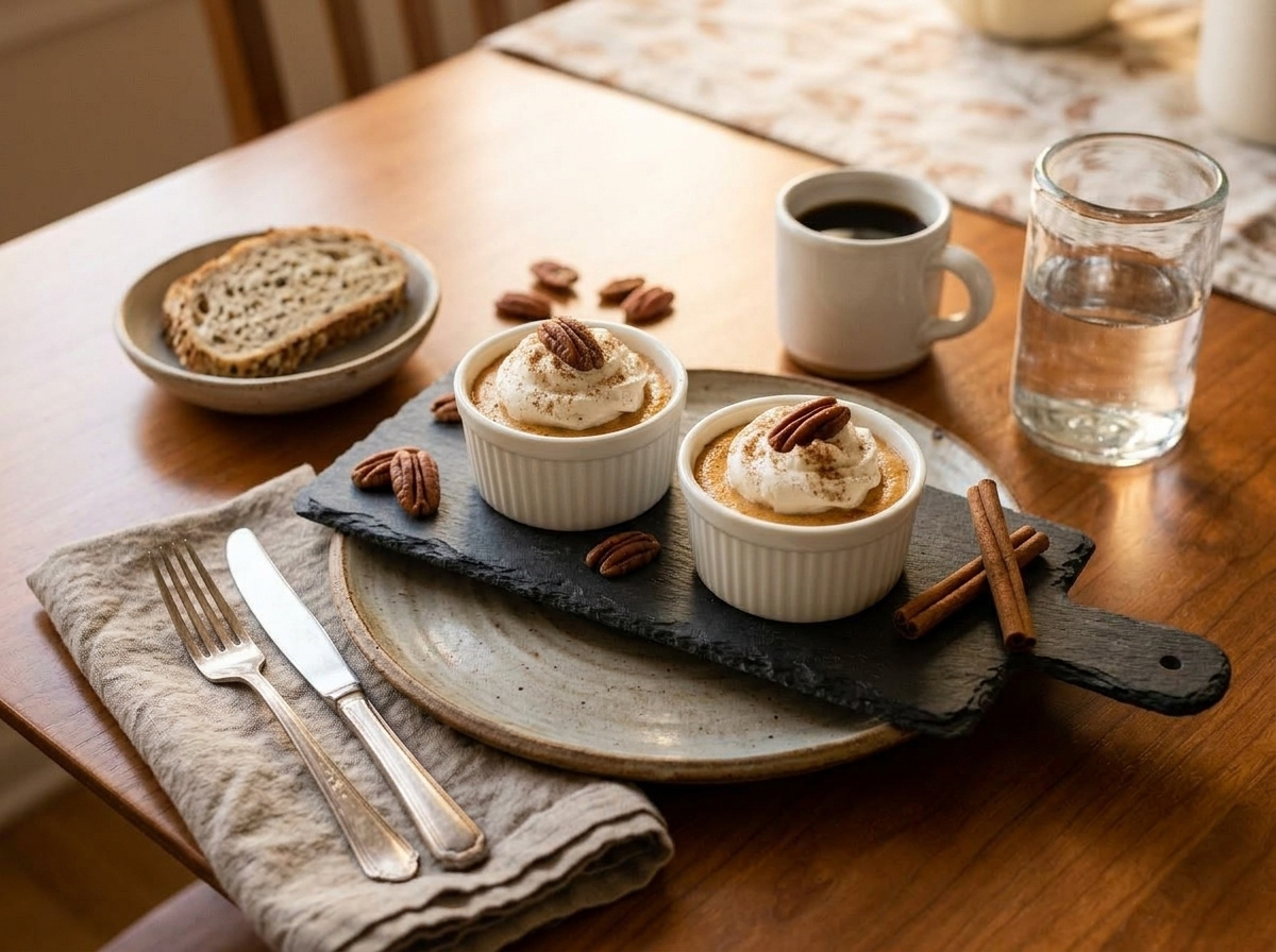 Two pumpkin spice cheesecake cups on a slate board with black coffee, cinnamon sticks, and pecans in warm afternoon light