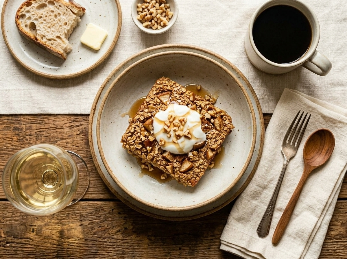 Single serving of pear oat bake in a bowl topped with coconut yogurt, maple syrup drizzle, and walnuts